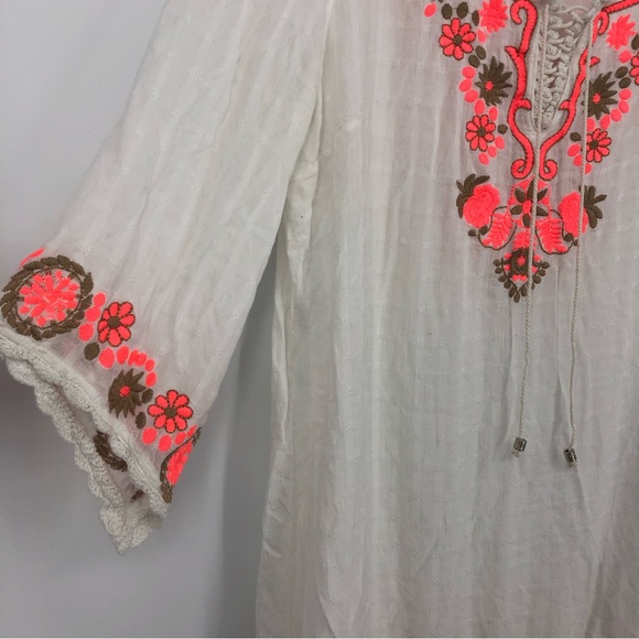 Umgee White Orange & Tan Embroidered Peasant Bohemian 3/4 Sleeve Blouse Size L - Picture 2 of 5